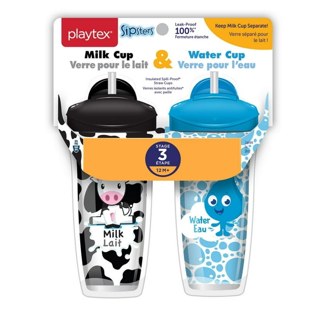 Playtex Baby® Sipsters Spill-Proof Milk & Water Straw Cups for Kids, Toddlers, Infants, Stage 3 (12+ Months) pack of 2 cups