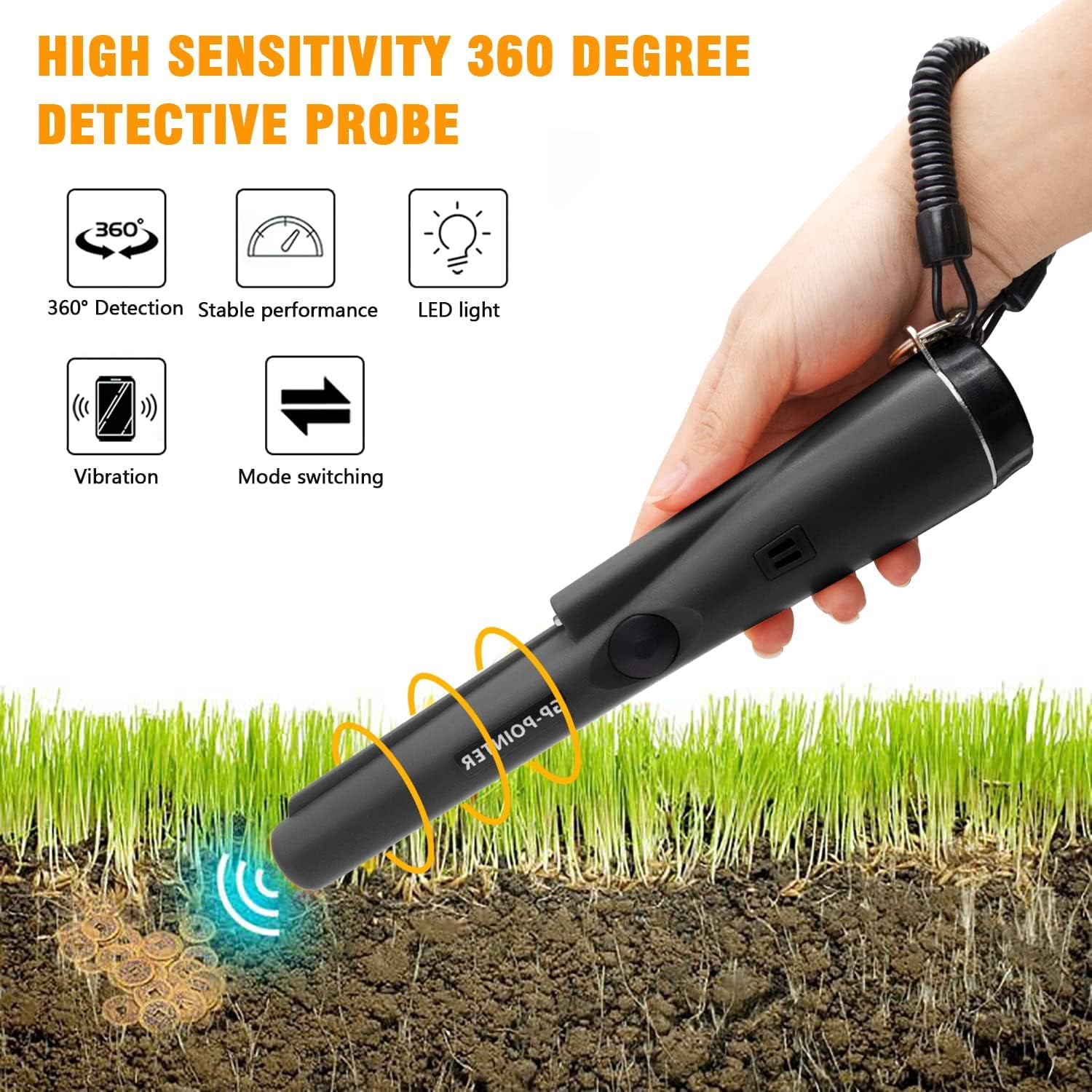 SYITOOCK Metal Detector Pinpointer, Professional Handheld Pin Pointer Wand, 360°Search Treasure Pinpointing Finder Probe with Belt Holster, Black
