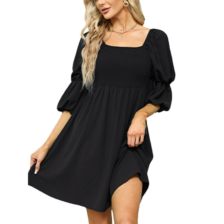 Womens Square Neck Dress Off Shoulder Smocked Chest Babydoll