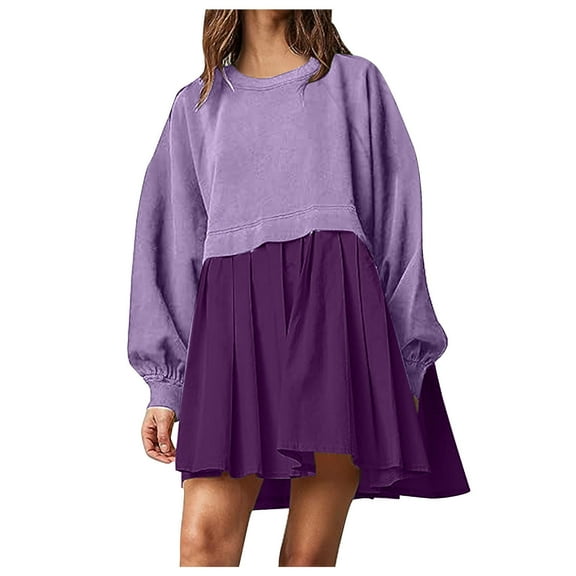 LEAVINGSUO Dresses for Women 2023 Fashion Women's Casual Over Sized Sweatshirt Long Sleeve Dress Round-Neck Ladies Patchwork Mini Dresses Purple M
