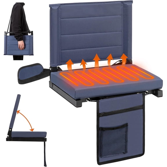 Heated Stadium Seats with Backrest for Bleachers, Portable Heated Bleacher Seat with Shoulder Strap and Cushion, Folding Heated Padded Stadium Chair for Outdoor Sports Events, Camping, Gray