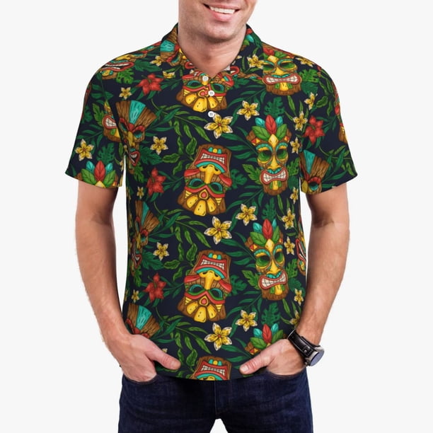Fotbe Mask Tropical Flower Camiseta Polo de Golf para Hombre con Estampado – Camisa Deportiva Transpirable con Cuello Abotonado-X-Large