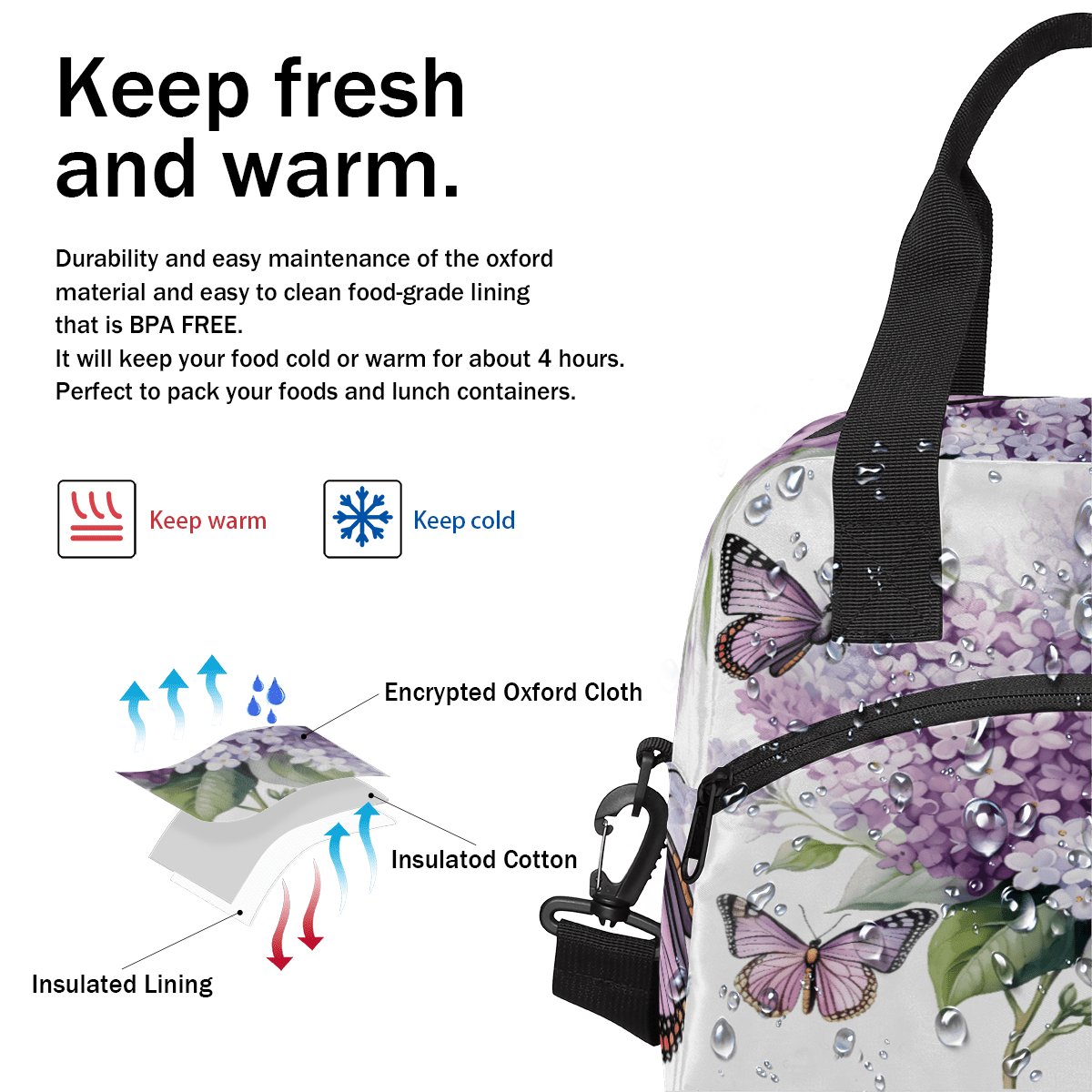 Herdesigns Purple Hydrangea Butterfly Insulated Lunch Bag for Women Men Adults Large Reusable Lunch Box Leakproof Portable Cooler Tote Bags with Adjustable Shoulder Strap