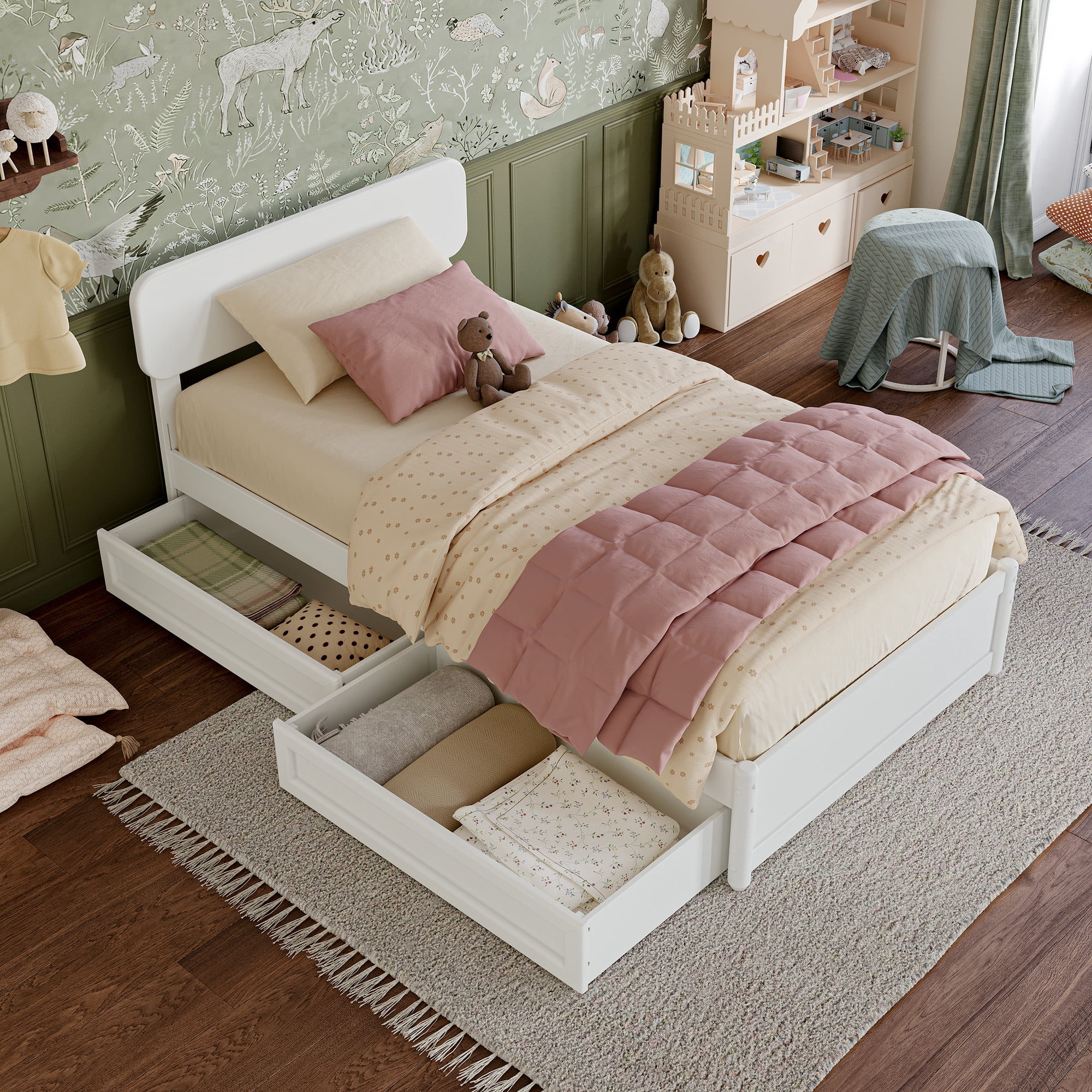 AFI Capri Twin Solid Wood Platform Bed with Panel Footboard and Storage Drawers, White