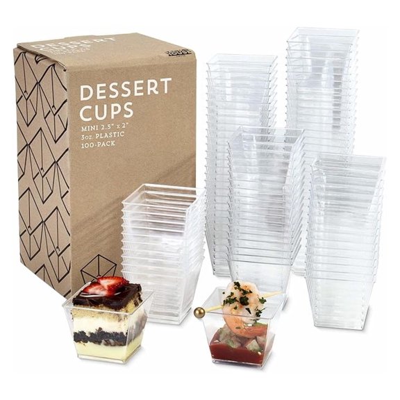 3oz. Mini Dessert Cups, 100-pack - Clear Plastic Square Cups - Small Disposable Shooters for Tasting , Fruit, Cake, , Sauces, Jelly Shots & Appetizers, Parties, Catering & Restaurants