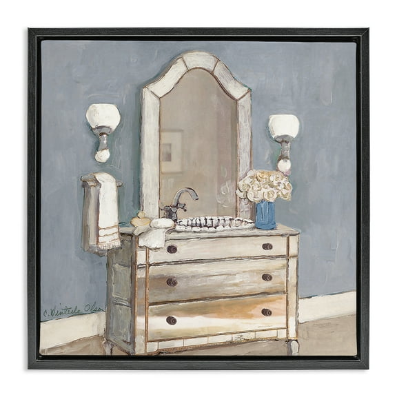 Stupell Industries Bathroom Sink & Mirror Cottage Painting Black Floater Framed Canvas Art Print Wall Art, 18 x 18