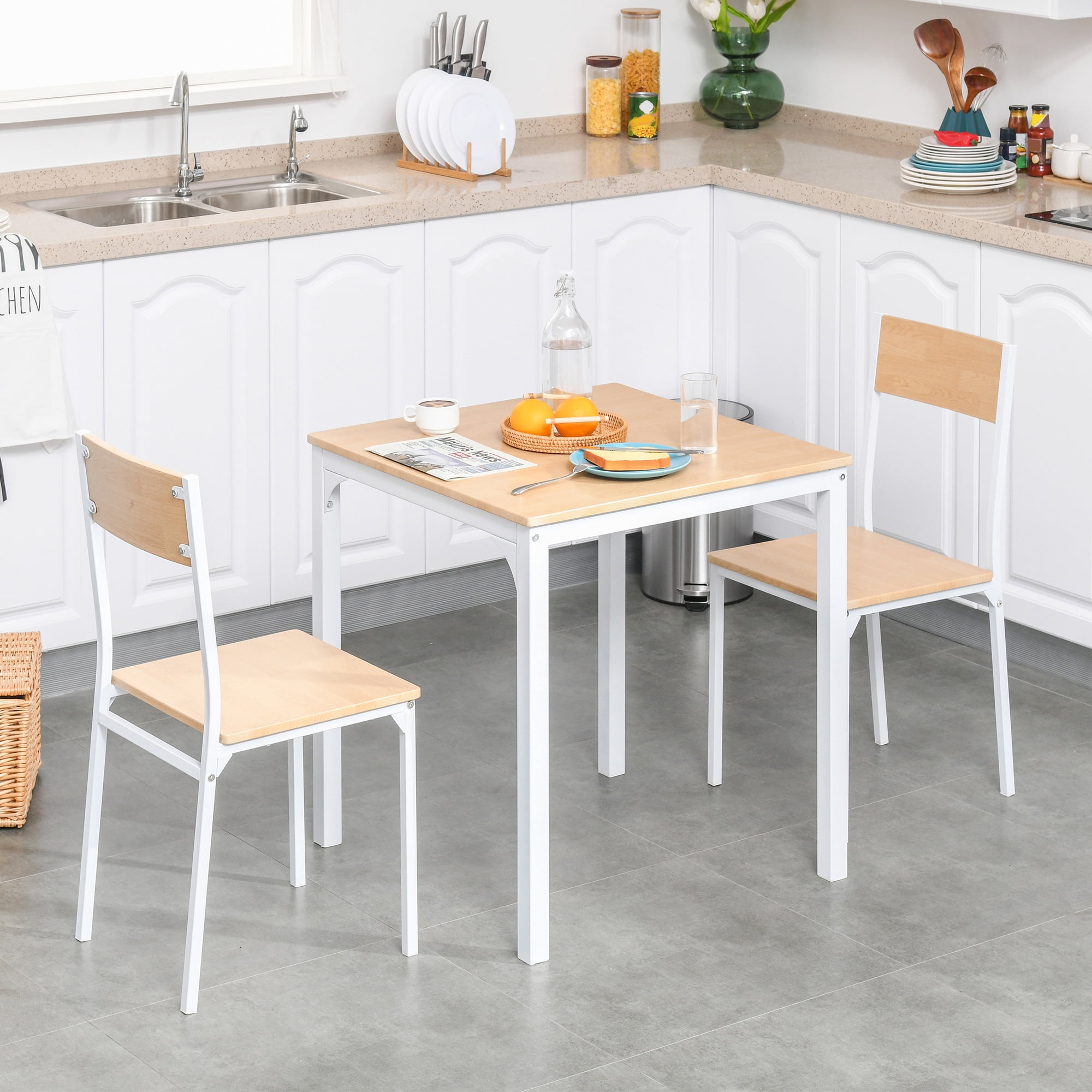 HOMCOM 3-Piece Wooden Square Dining Table Set for 2 with 1 Table and 2 Chairs, White