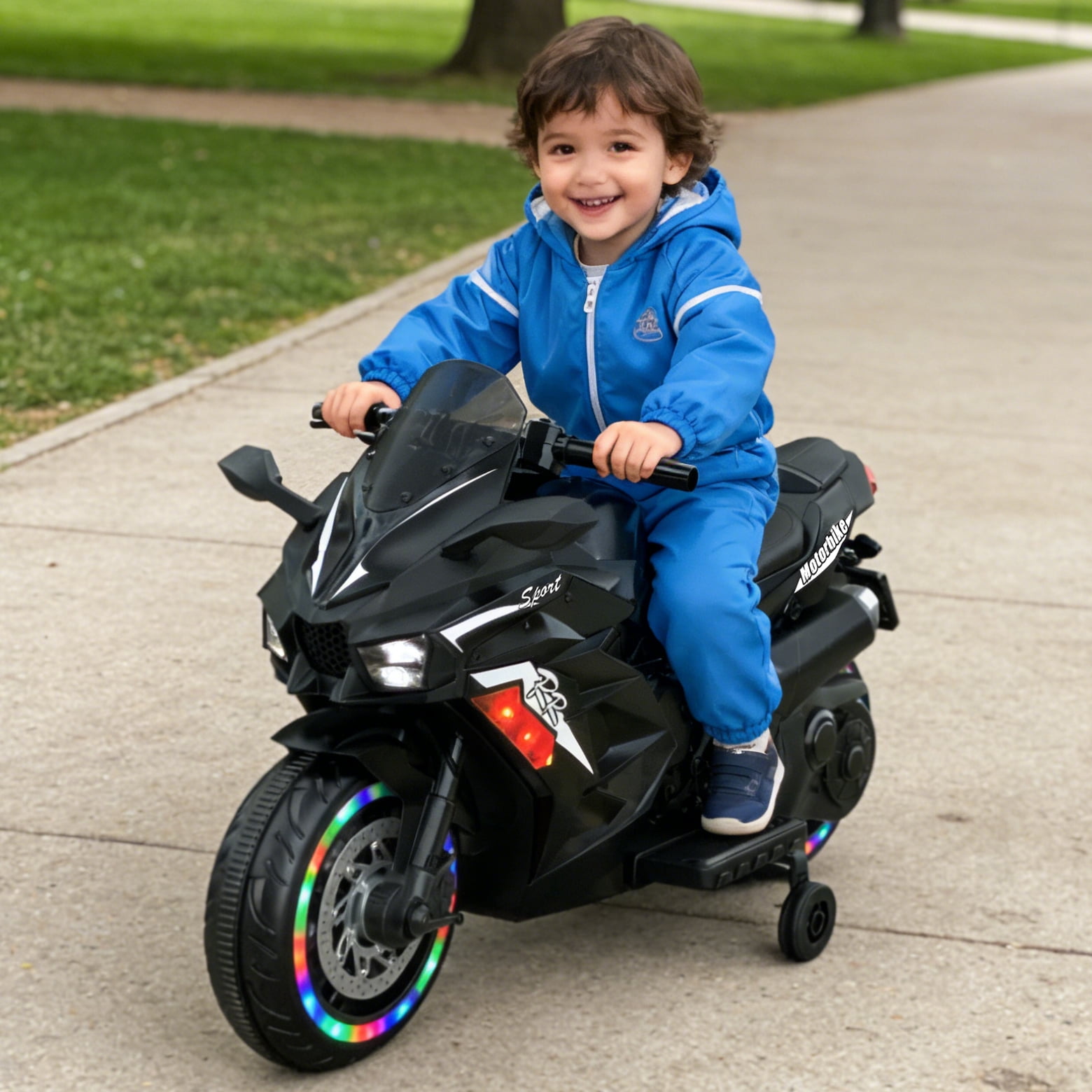TaTee 12V Kids Electric Motorcycle, Battery Powered Ride-On Toy with Training Wheels for Boys & Girls Ages 3-6, Bluetooth Music & LED Lights, Black