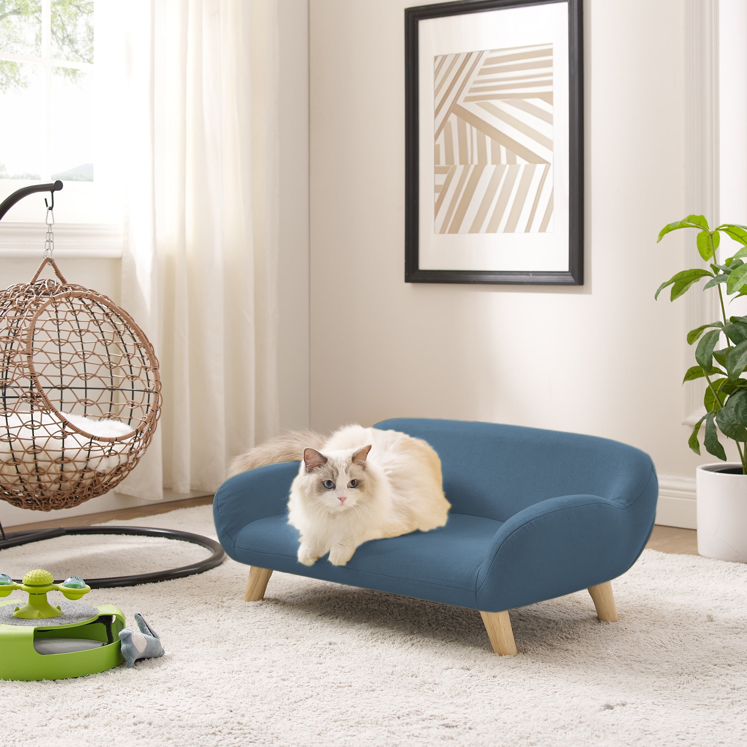 Small Blue Fabric Elevated Pet Sofa with Wooden Legs