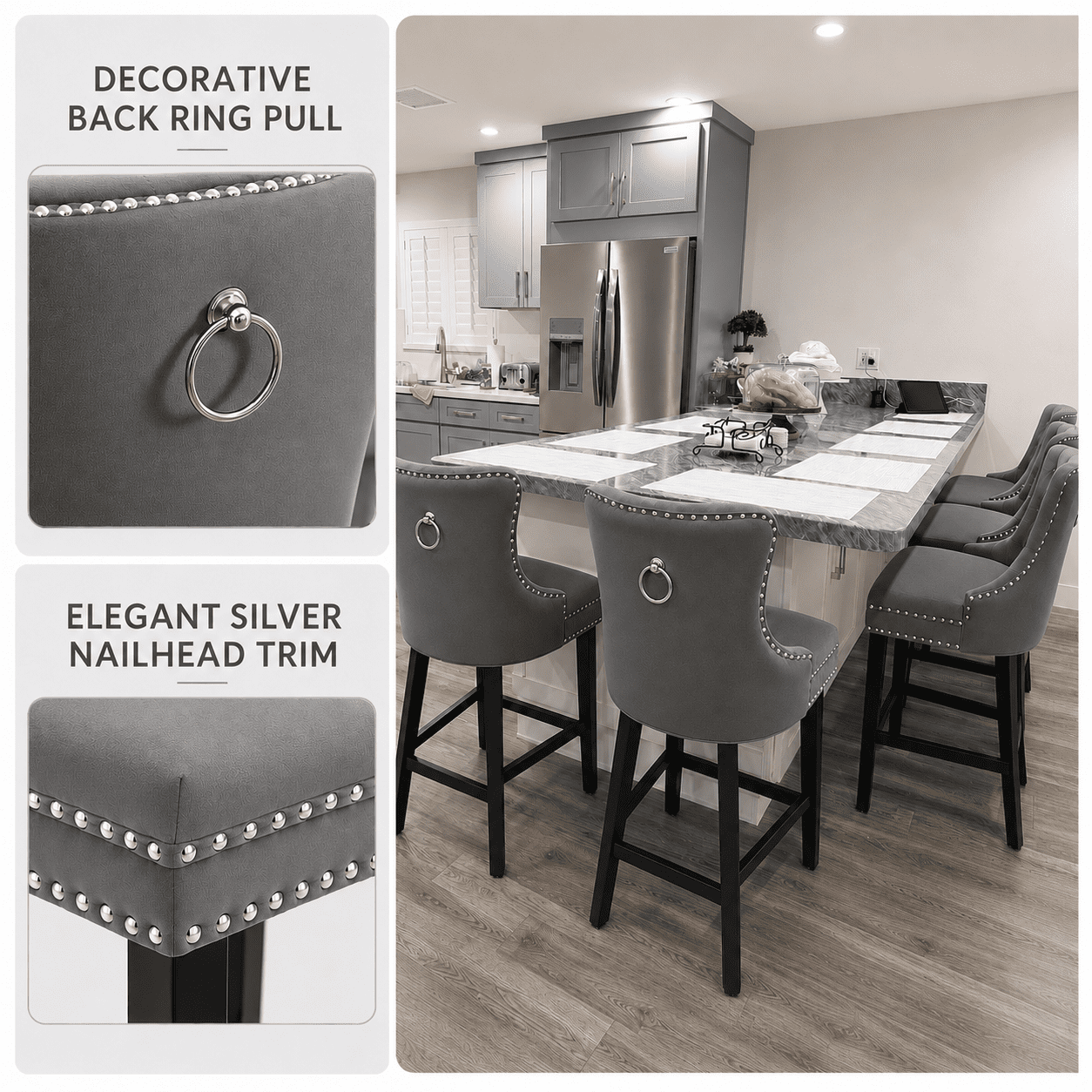Bar Stools Set of 2, LEGAHOME Velvet Counter Height Bar Stools with Back, Button Tufted Upholstered Kitchen Island Chairs with Nailhead Trim, Solid Wood Legs, Footrest, Gray