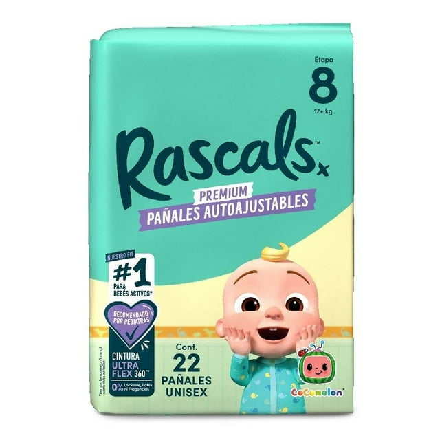 Pañales autoajustables Rascals Premium etapa 8 unisex 22 piezas