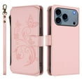 thumbnail image 2 of Magnetic Clasp Flip Stand Case for iPhone 17 Pro with Lanyard 5-Card Holder  Butterfly Flower Multi-card Zipper Wallet Leather Phone Case,Pink,For iPhone 17 Pro, 2 of 8