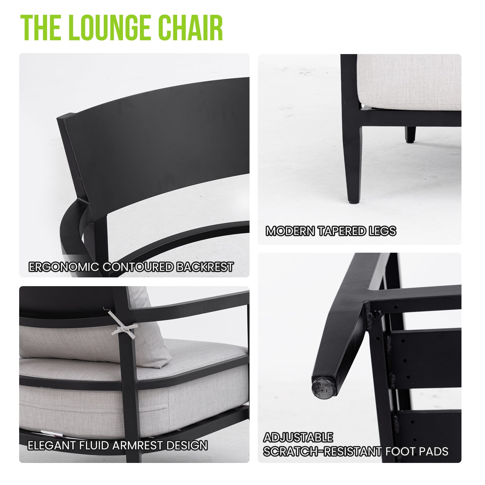 Outdoor Fully Weld Lounge Chair, Aluminum Frame in Ember Black Ergonomic Backrest for Patio Garden, Cast Silver