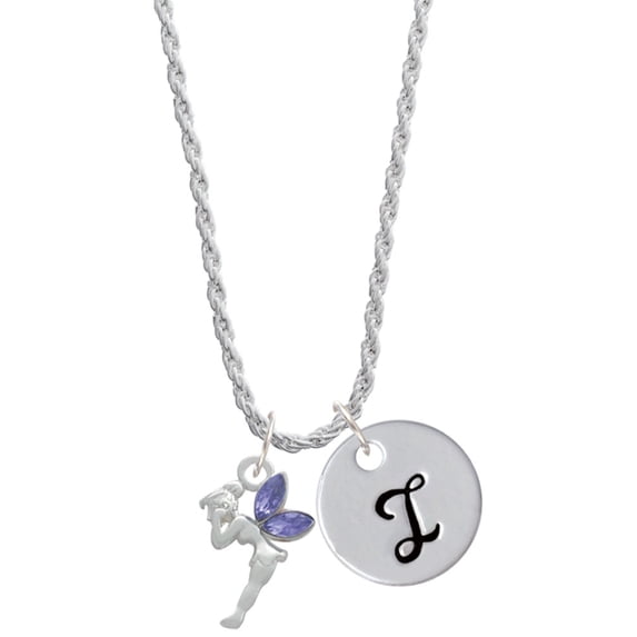 Delight Jewelry Silvertone Small Fairy with Purple Wings Silvertone Script Initial Disc - I - Charm Necklace, 20"+3"