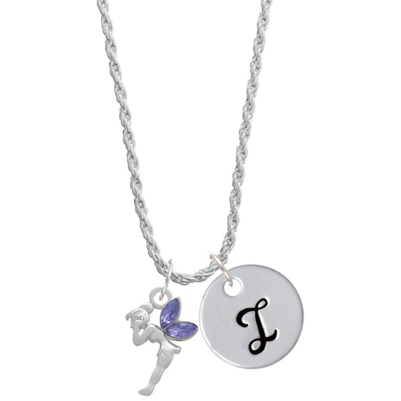 Delight Jewelry Silvertone Small Fairy with Purple Wings Silvertone Script Initial Disc - I - Charm Necklace, 20"+3"