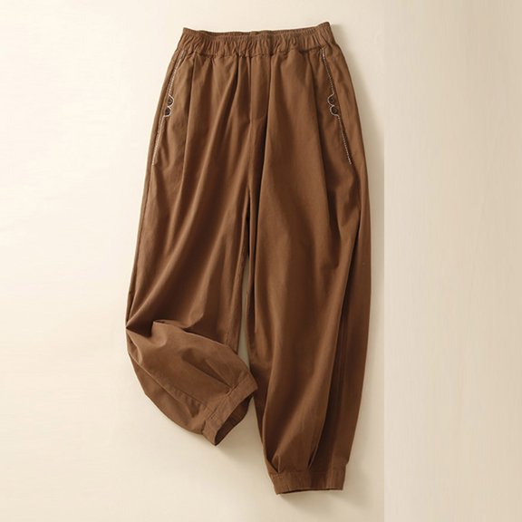 Lilgiuy Women's Solid Elastic Embroidered Cotton Hemp Capris for Camping Climbing