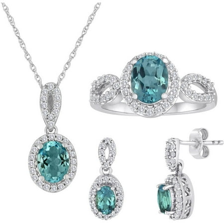 GENUINE BLUE TOPAZ AND CZ 3-PIECE 925 STERLING SILVER BOXED SET, 18