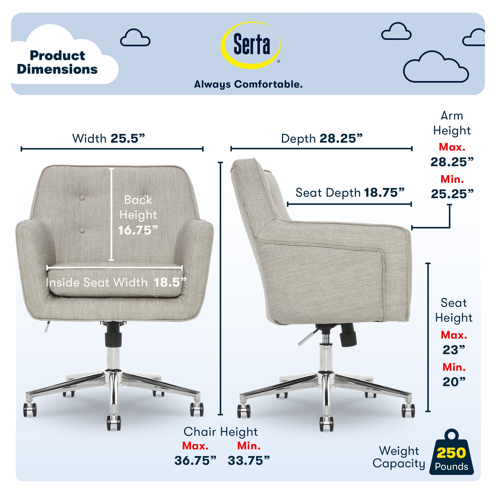 Serta Ashland Home Office Desk Chair with Button Tufted Mid-Back, Memory Foam Cushion and Padded Arms, Modern Vanity Armchair with Wheels for Bedroom, Chrome Metal Base, Light Gray