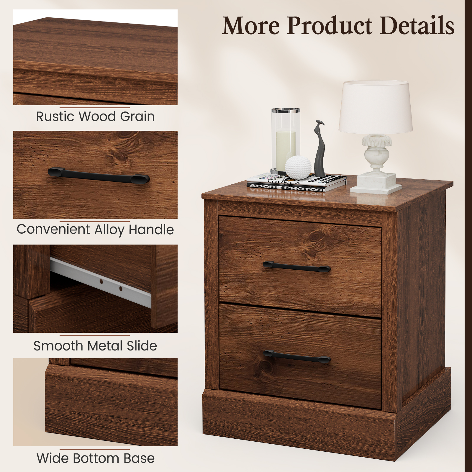 Costway 2 Drawer Nightstand Bedside Table Compact Sofa End Table Rustic Walnut