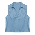 thumbnail image 5 of Women's Solid Color Satin Sleeveless Top with Deep V Neck and Turn Down Lapel Collar, Elegant Casual Blouse, for Summer Daily Wear or Office Outfits Sky Blue, 5 of 5