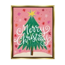 Merry Christmas Pink Starry Pattern Holiday Graphic Art Metallic Gold Framed Art Print Wall Art