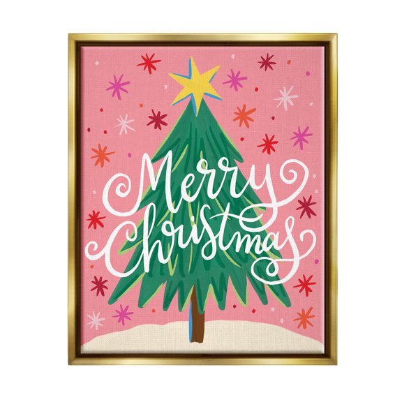 Merry Christmas Pink Starry Pattern Holiday Graphic Art Metallic Gold Framed Art Print Wall Art