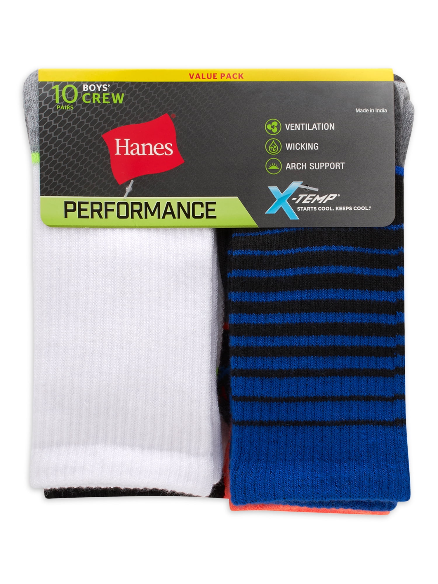 Hanes Boys' X-Temp Performance Crew Socks, 10 Pack