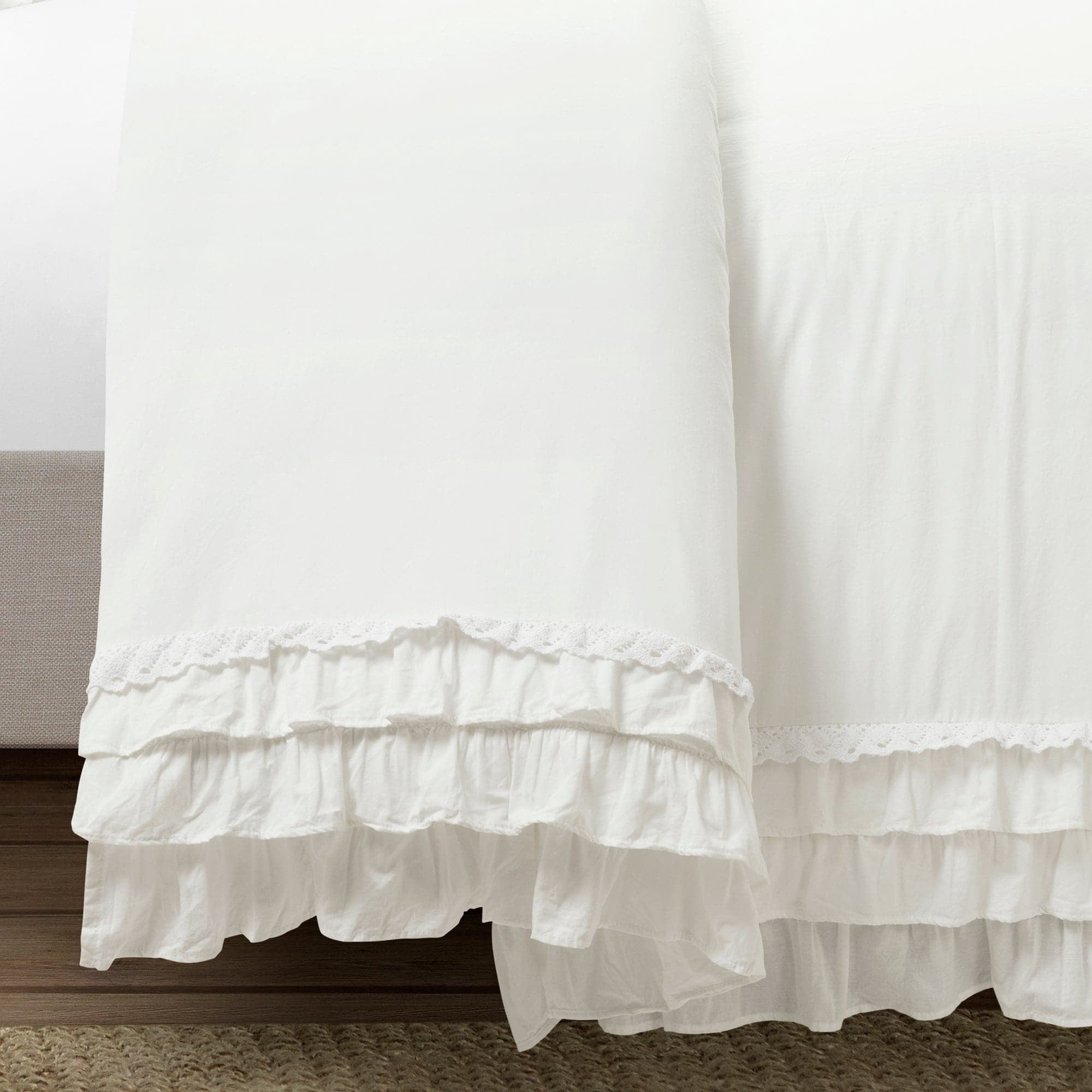 Ella Ruffle Lace 100% Cotton Duvet Cover White 3Pc Set Full/Queen