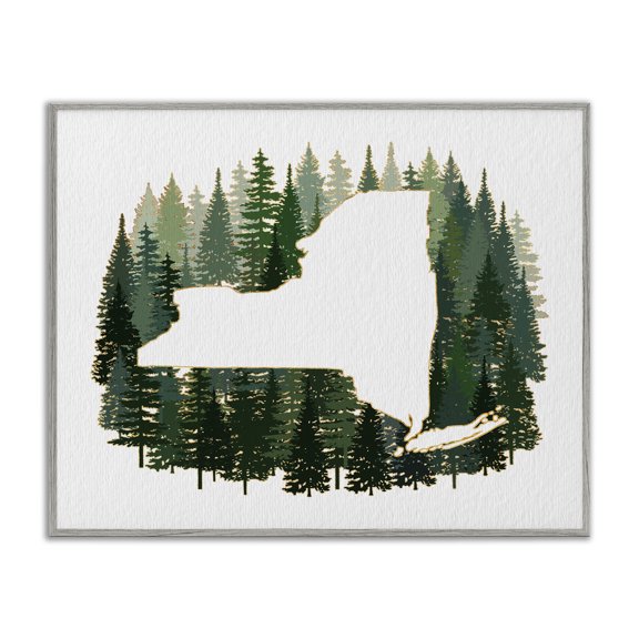 Stupell Industries Farmhouse New York State Outline Green Forest Pine Trees Gray Framed Giclee Art, 14 x 11, by Ziwei Li