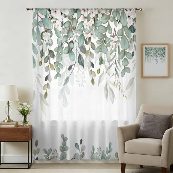 Sage Green Eucalyptus Sheer Curtains 84 Inches Long, Spring Floral Botanical Light Filering Curtains, Breathable Simi Curtain Privacy Drapes for Living Room Bedroom Lightweight Window Treatment