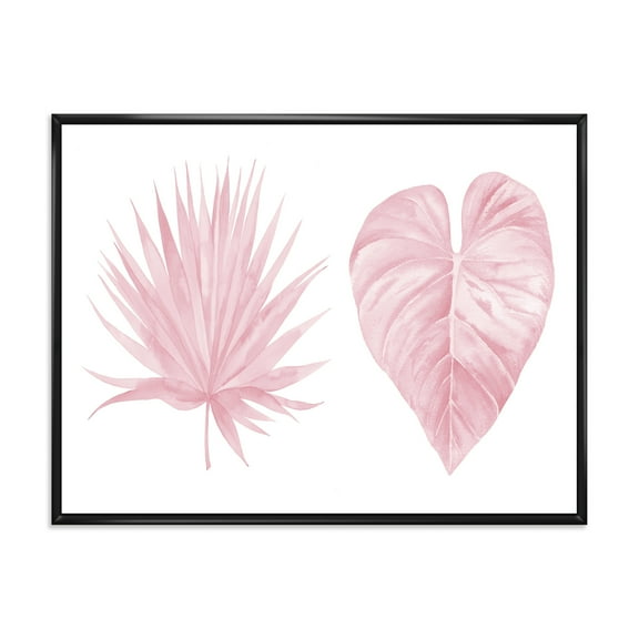 Designart 'Tropical Pink Watercolour Leaves On White II' Shabby Chic Framed Canvas Wall Art Print