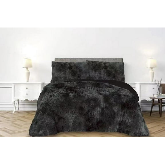 PARIS BLACK COLOR SHAGGY BLANKET WITH SHERPA SOFTY THICK AND WARM 3 PCS KING SIZE