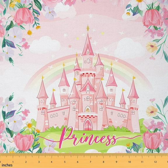 Castle Fairy Rainbow Castle Girl Fabric by the Yard 1 Yard,Dreamy Princess Home Decor Fabric by the Yard,Chic Flower Room Decor Fabric by the Yard,Super Cozy Room Decor