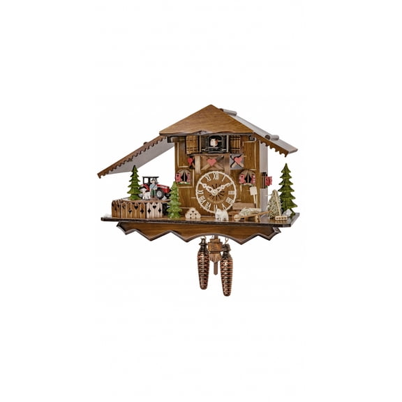 Quartz Cuckoo Clock Black Forest house with moving tractor, with music