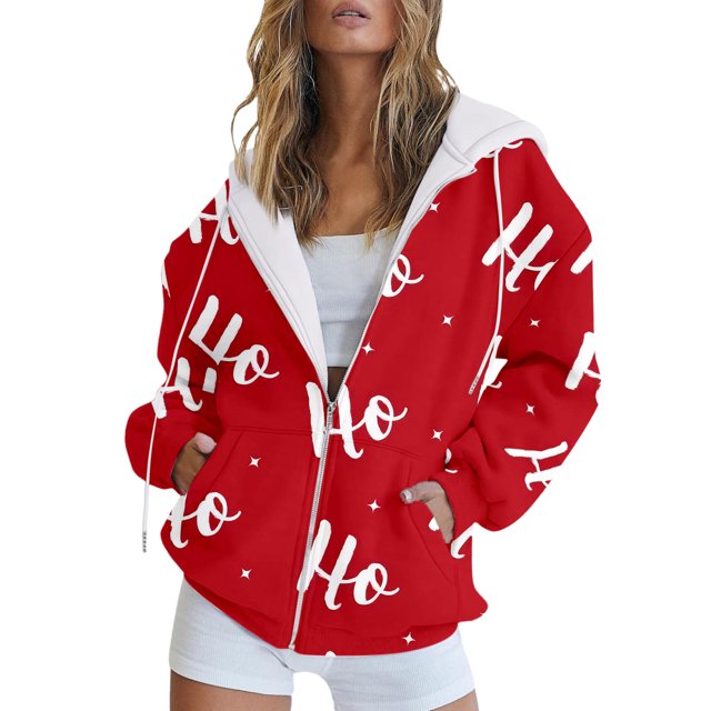 Bmisegm Veste à Capuche Décontractée pour Femmes avec Cordon de Serrage, Imprimé Coloré, Fermeture Éclair, Poches, Sweat à Capuche, Manteaux pour Femmes Rouge TG