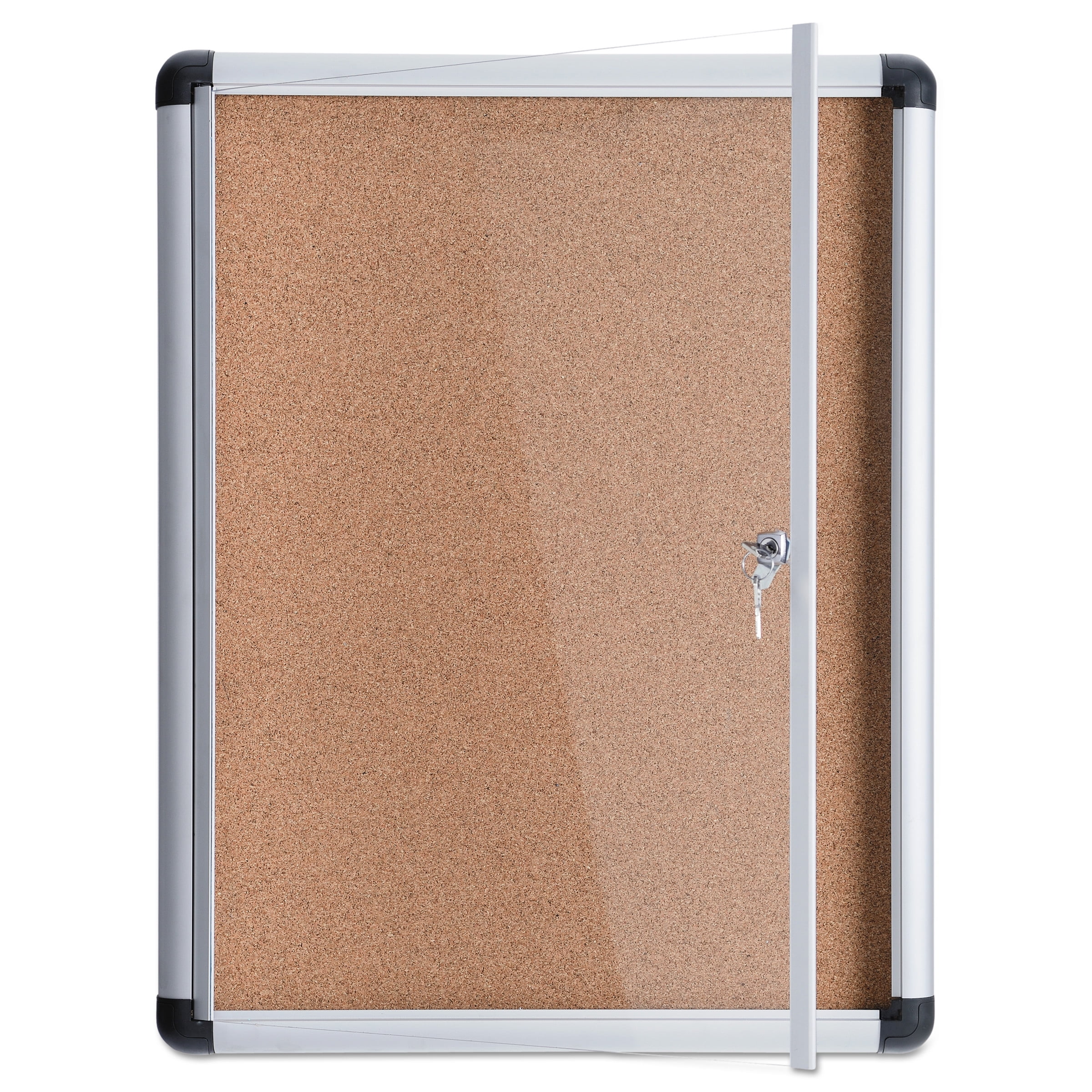 MasterVision VT630101690 28 in. x 38 in. Slim-Line Enclosed Cork Bulletin Board with One Door - Tan Surface/Satin Aluminum Frame