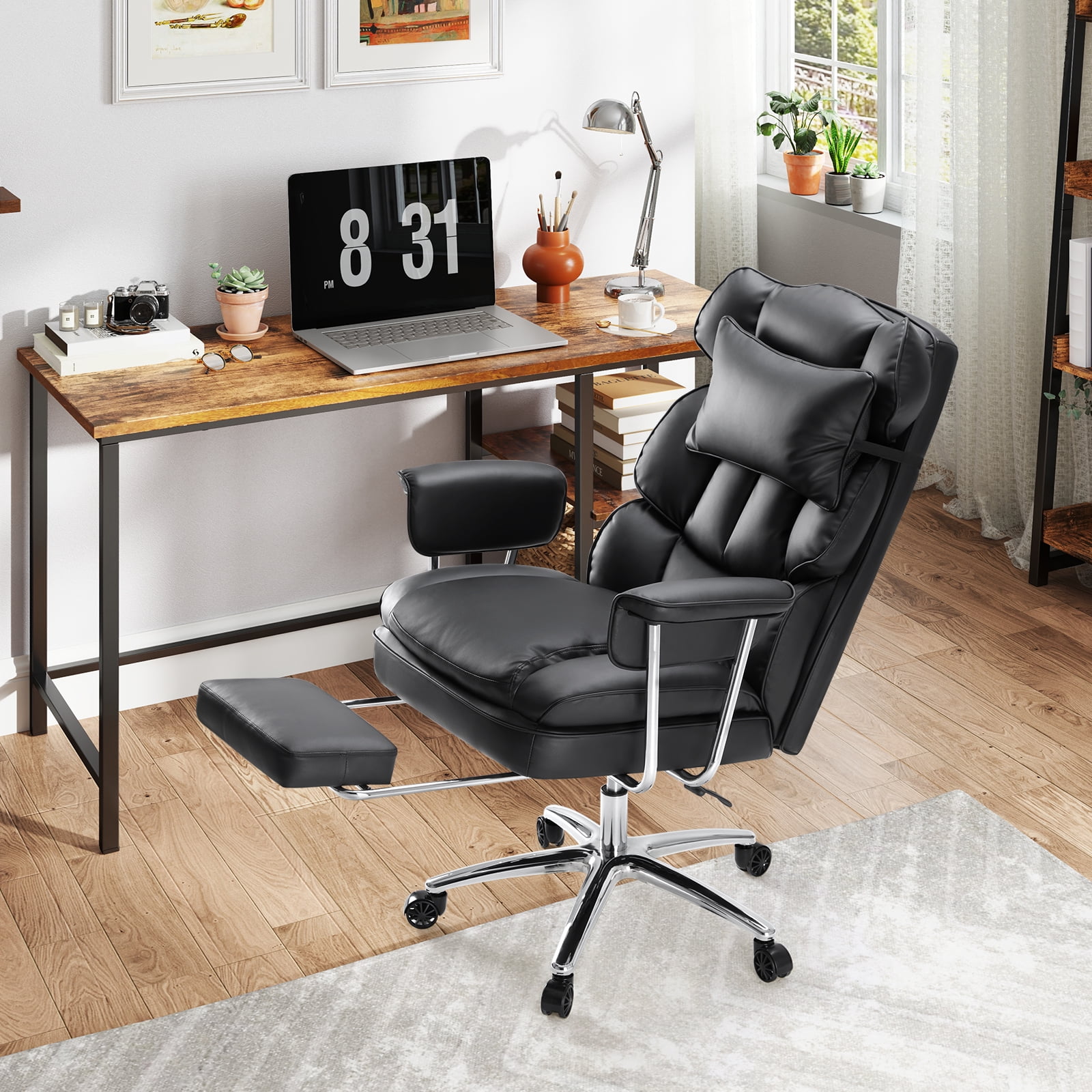 CONCETTA Executive Ergonomic Home Office Chair with Footrest & Lumbar Support, Big Tall High Back, PU Leather, Adjustable & Swivel, Black