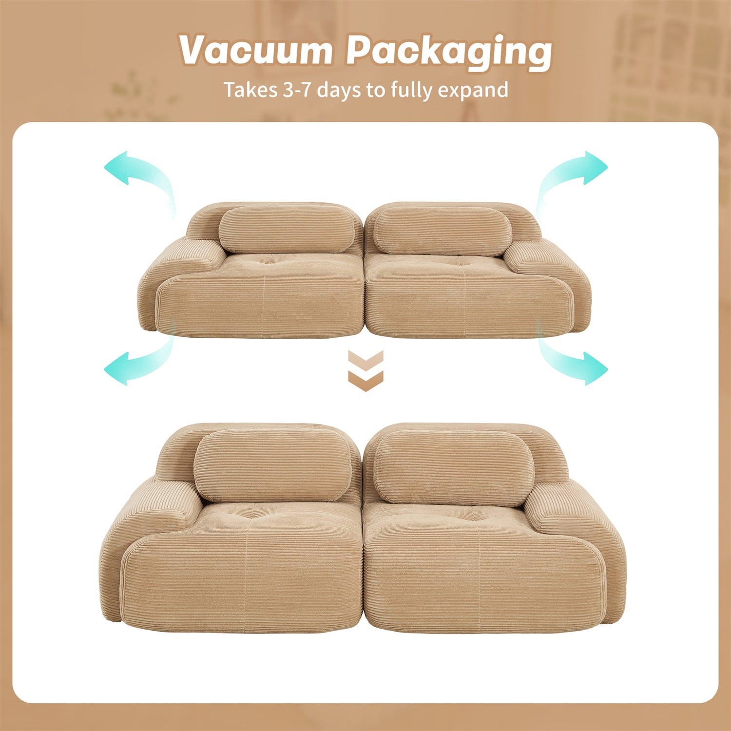 Hommoo 82" Luxury Corduroy Fabric Modular Loveseat Sofa, Multiple Combinations 2 Seater Sofa Couches with Curved Armrests, for Living Room Apartment, Camel