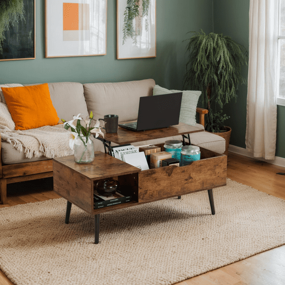 39" Wood Lift Top Coffee Table with Hidden Compartment and Storage Shelf for Living Room, Reception Room, Brown
