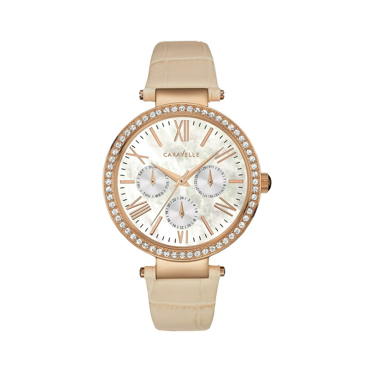 Caravelle Women's Stainless Steel Case Cream Leather Strap Pearl