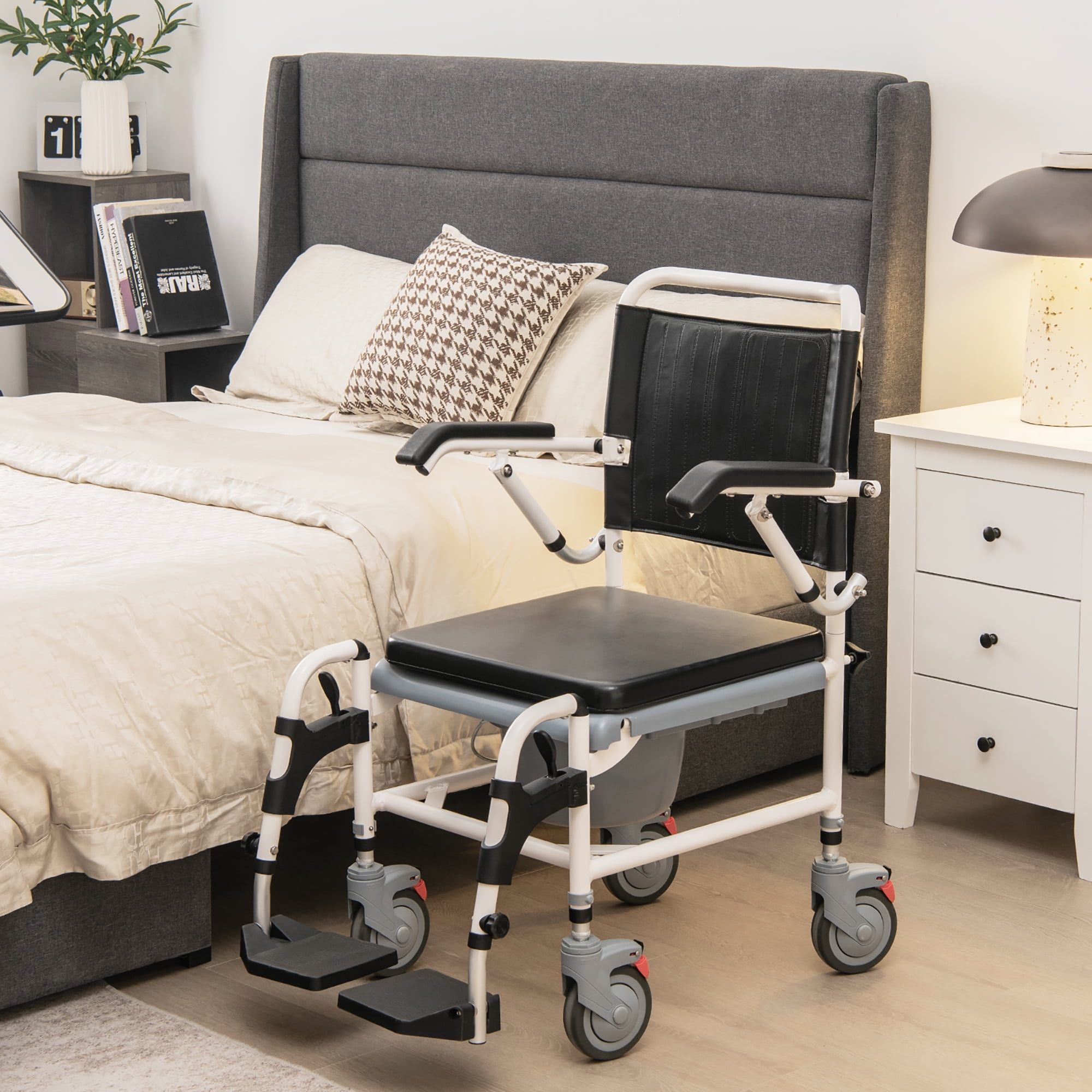 Costway 4-in-1 Bedside Commode Chair Commode Wheelchair with Detachable Bucket