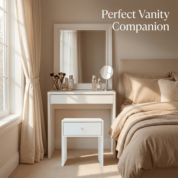 White Storage Vanity Stool with Drawer, Compact Makeup Seat for Dressing Table and Bedroom