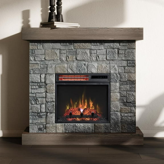 Modern Ember Raeford Stone Fireplace Mantel with Electric Fireplace Insert | 40"L x 40"H x 11.5"D