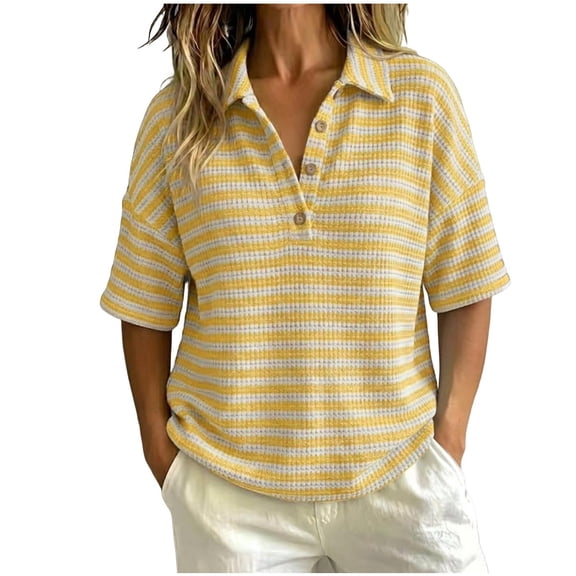 GigrtiJin Women's Short Sleeve T Shirts Striped V Neck Collared T Shirts Womens Casual Pull On Cropped Outdoor Tees with Button