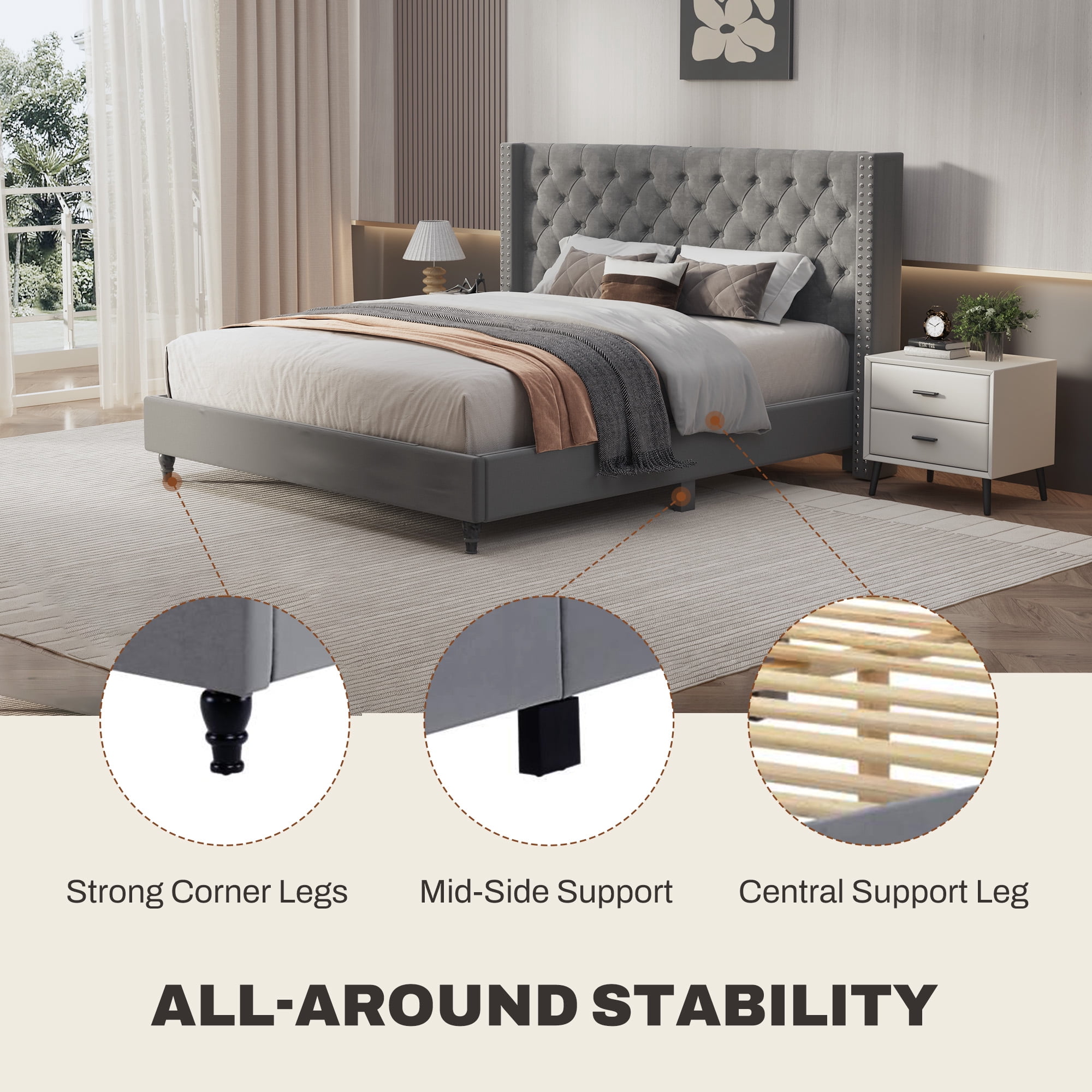 FlexiSpot King Size Upholstered Platform Bed Frame with Tall Tufted Wingback Headboard, Soft Fabric Upholstery, Solid Wood & Center Support Legs, Noise-Free Structure, 750lbs Heavy-Duty