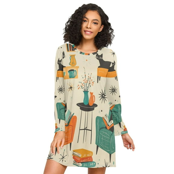 FORMRS Womens Long Sleeve Nightgowns Crew Neck Sleep Shirt Soft Pajamas Sizes S-3XL, Black Cats Reading