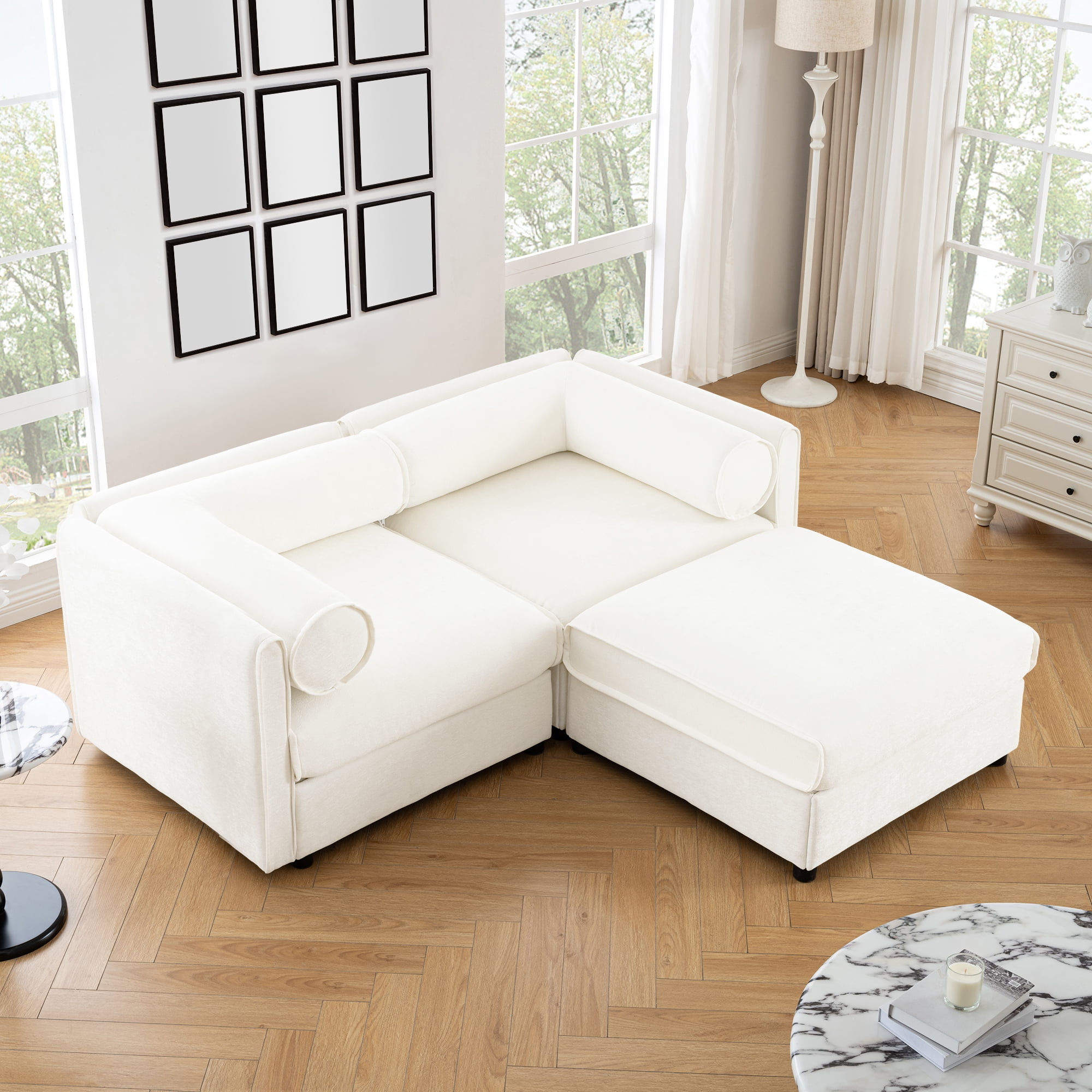 Gewnee Modern Stylish 75.5" Deep Seat White Chenille 2- Seaters Sofa Couch,Loveseat with Ottoman Hidden Storage Seat, Cylindrical Backrest and Armrests Sofa