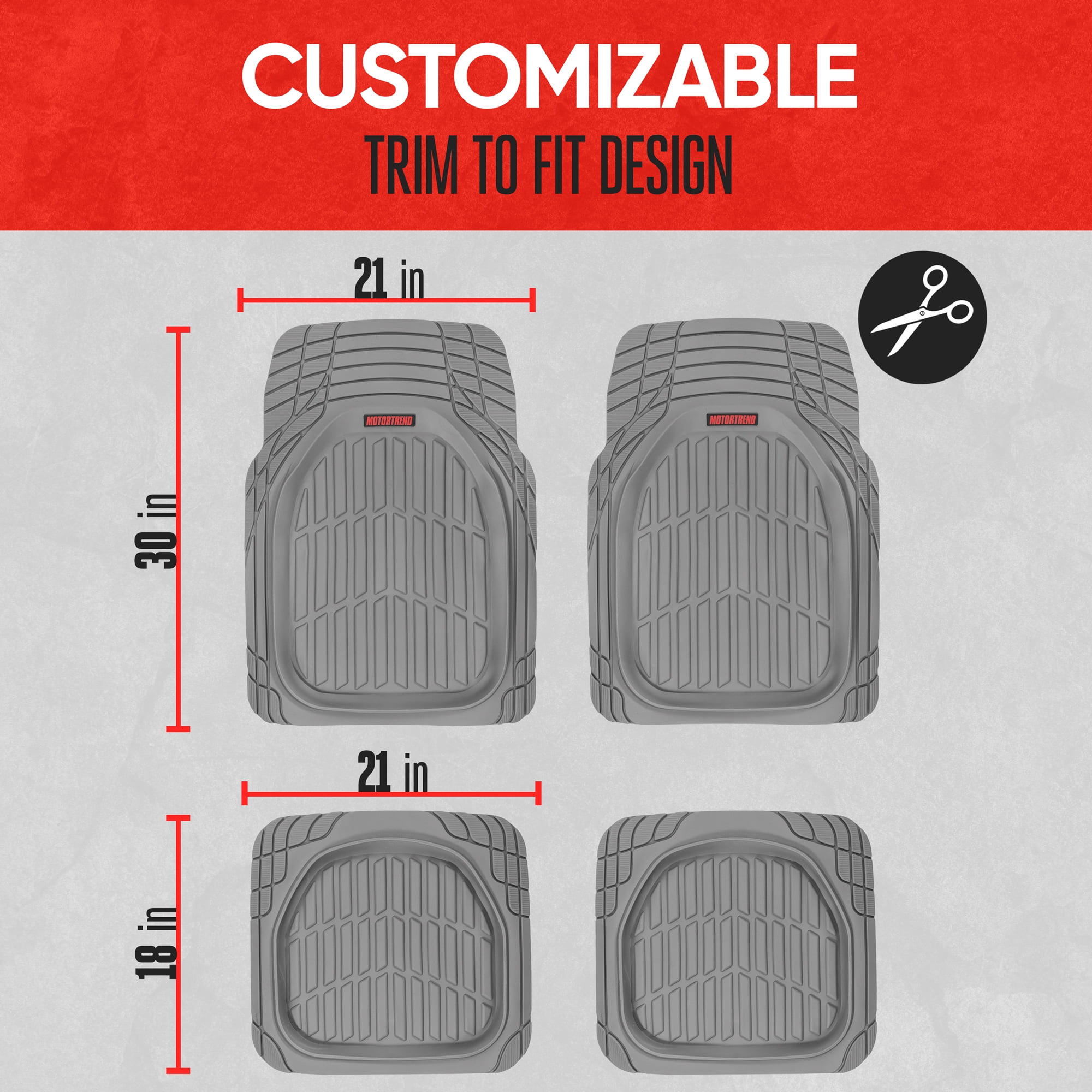 MOTOR TREND & BDK Heavy Duty Gray Rubber Car Mats Full Set - Universal Trim-To-Fit All Weather Floor Mats - Floor Mats for Car Accessories - Front & Back Interior Floor Mats for Truck Accessories