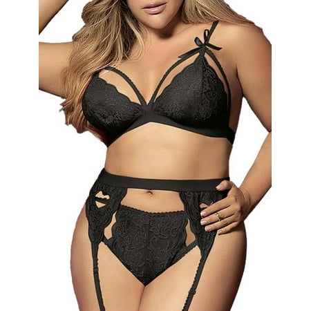 

FASHIONWT Women Plus Size Sexy Lace Fun 3 Pieces Set No Stockings Mini See-through Underwear