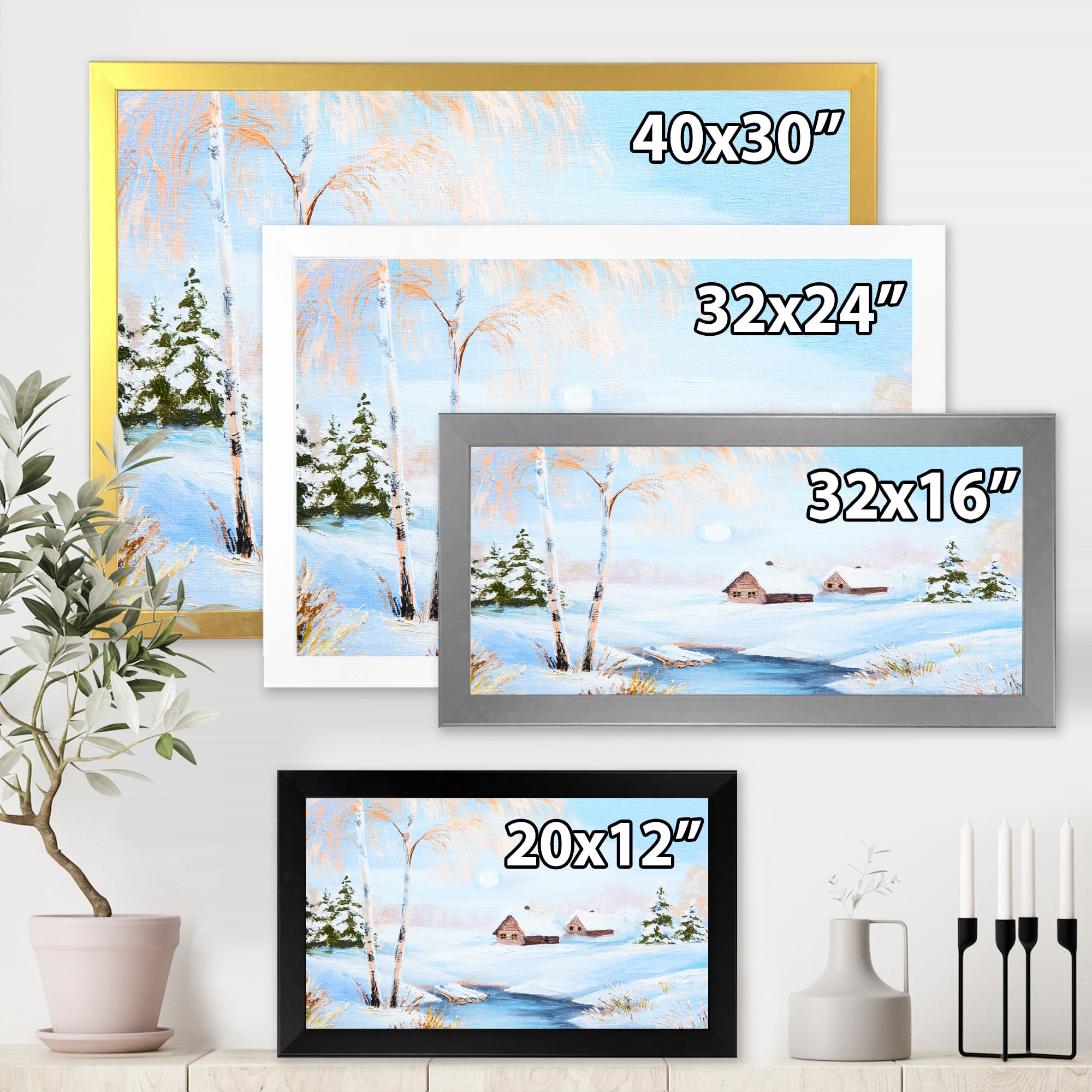 Designart 'Frozen River In The Forest Winter Landscape' Lake House Framed Art Print